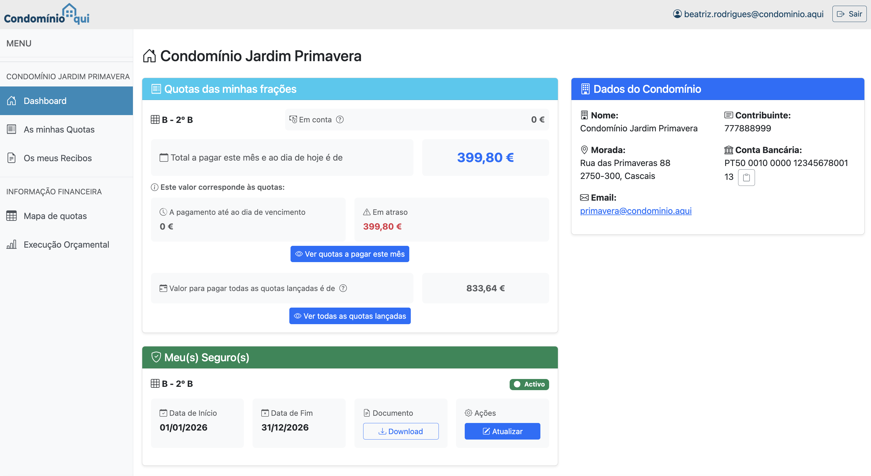 Portal do condómino com o estado das quotas, dados do condomínio e seguros